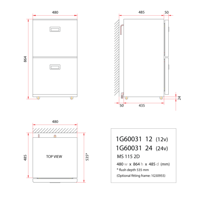 MS115 - 115 Litre stainless marine drawer fridge -DIMS