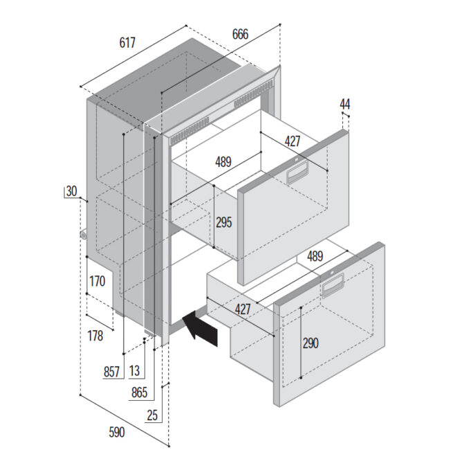 DW180 - 144 Litre 2 drawer 12/24 volt marine fridge or freezer (select option) with integral compressor-DIMS