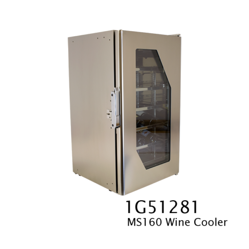 MS160 - 160 litre wine fridge with brushed stainless edged glass door and polished stainless steel interior with angled stainless steel wine shelves